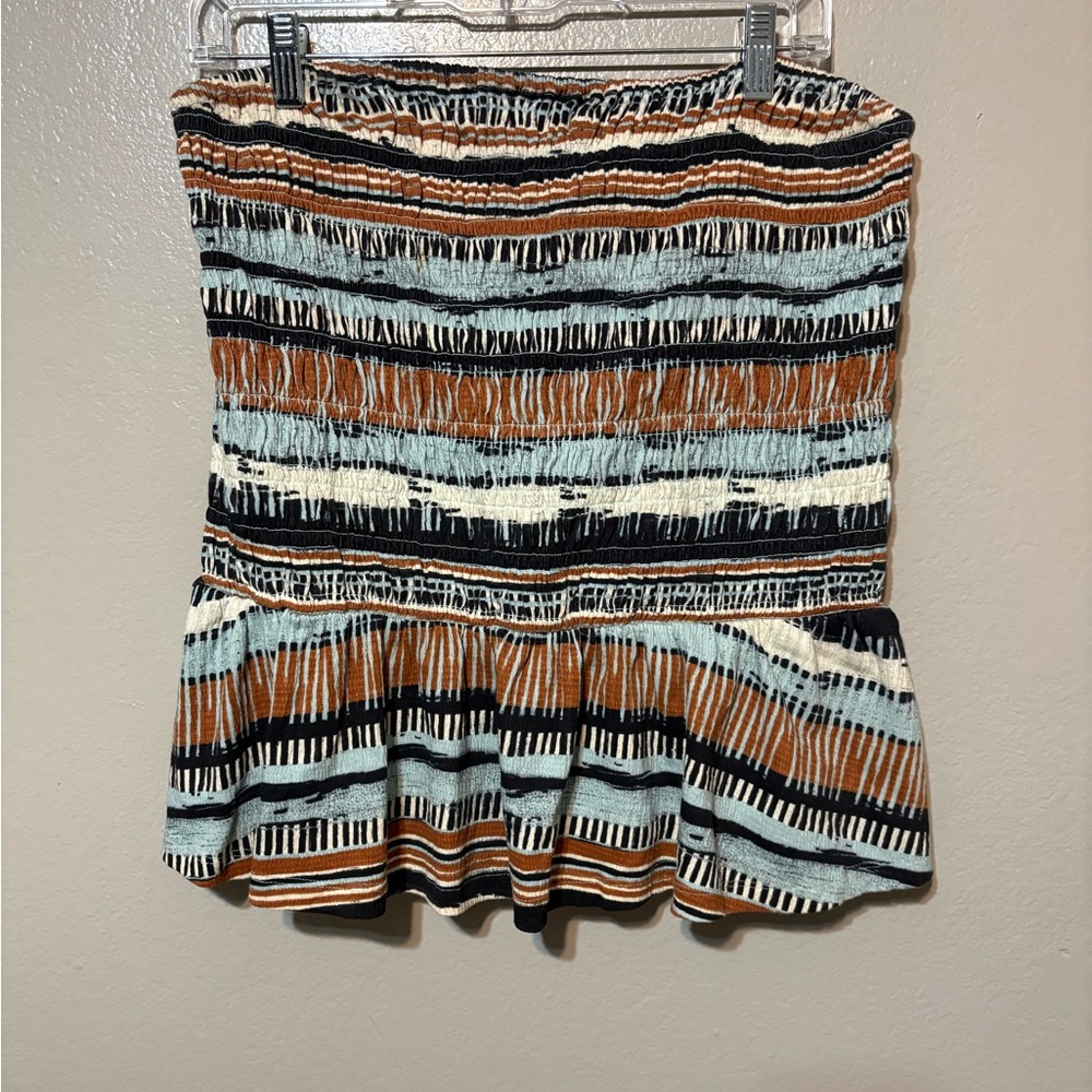 Women’s Porridge Clothing Striped Peplum Tube Shirt in Rust, Black & Light Blue